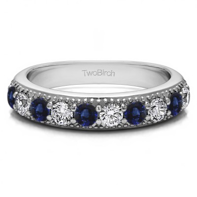 0.5 Carat Sapphire and Diamond Millgrained Double Shared Prong Vintage Wedding Ring