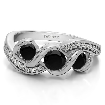 0.72 Carat Black and White Twirl Set Three Stone Anniversary Wedding Ring