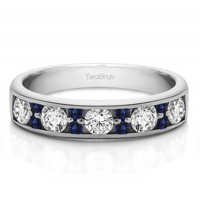 0.76 Carat Sapphire and Diamond Alternating Large and Small Round Stone Wedding Ring