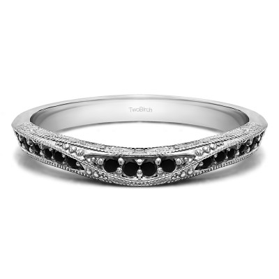 0.18 Ct. Black Knife Edged Vintage Filigree Curved Wedding Band With Black Diamonds Mounted in Sterling Silver.(Size 7)