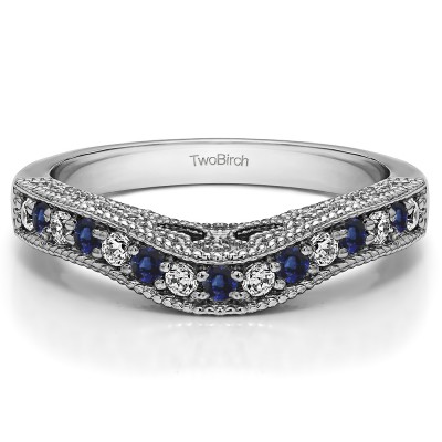 0.3 Ct. Sapphire and Diamond Vintage Millgrained and Filigree Contour Wedding Ring