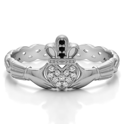 0.07 Carat Black and White Celtic Claddagh Wedding Ring with Pave Heart