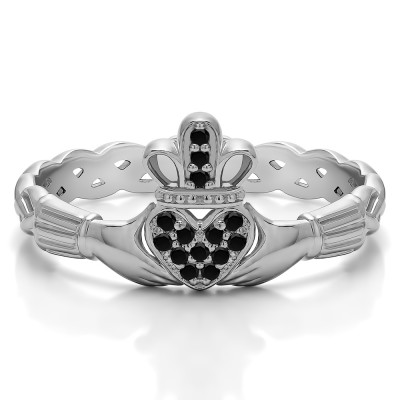 0.07 Carat Black Celtic Claddagh Wedding Ring with Pave Heart
