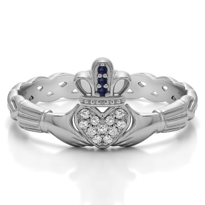 0.07 Carat Sapphire and Diamond Celtic Claddagh Wedding Ring with Pave Heart
