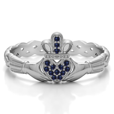 0.07 Carat Sapphire Celtic Claddagh Wedding Ring with Pave Heart