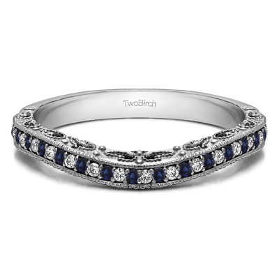 0.18 Ct. Sapphire and Diamond Filigree and Millgrained Vintage Contour Band